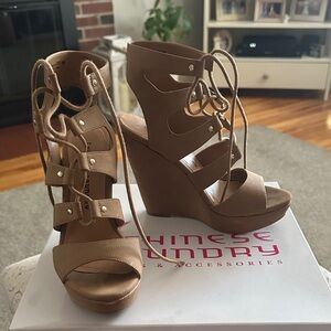 Chinese Laundry Lace-Up Tan Wedges